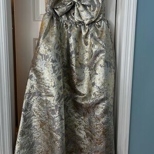 Metallic Silver and Gold Midi Dress with Bow Waist